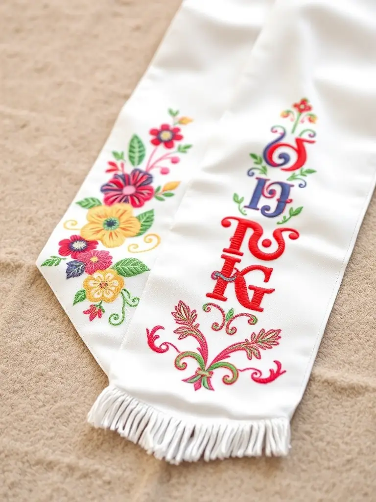 A detailed shot of a graduation stole with custom embroidery, highlighting the craftsmanship and personalization options available.