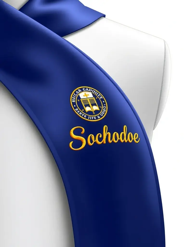 A detailed image of a custom-designed graduation stole with embroidered school logo and name, demonstrating the personalization options available for graduation attire.