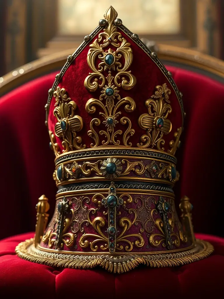 A detailed image of a bishop's mitre adorned with gold and jewel embellishments, placed on a velvet cushion to showcase its intricate design.