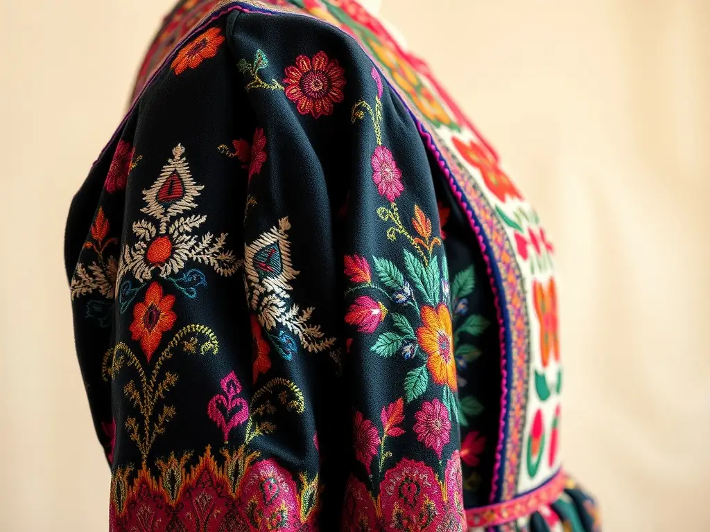 A detailed close-up image of a beautifully embroidered stole, showcasing the intricate stitching and vibrant colors, with a blurred background to emphasize the craftsmanship.