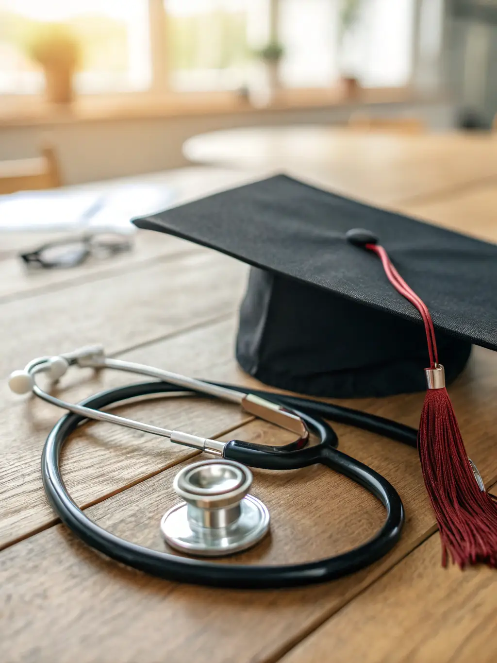 A close-up shot of a classic black graduation cap with a tassel, showcasing the quality of the material and stitching, set against a blurred background of a graduation ceremony.