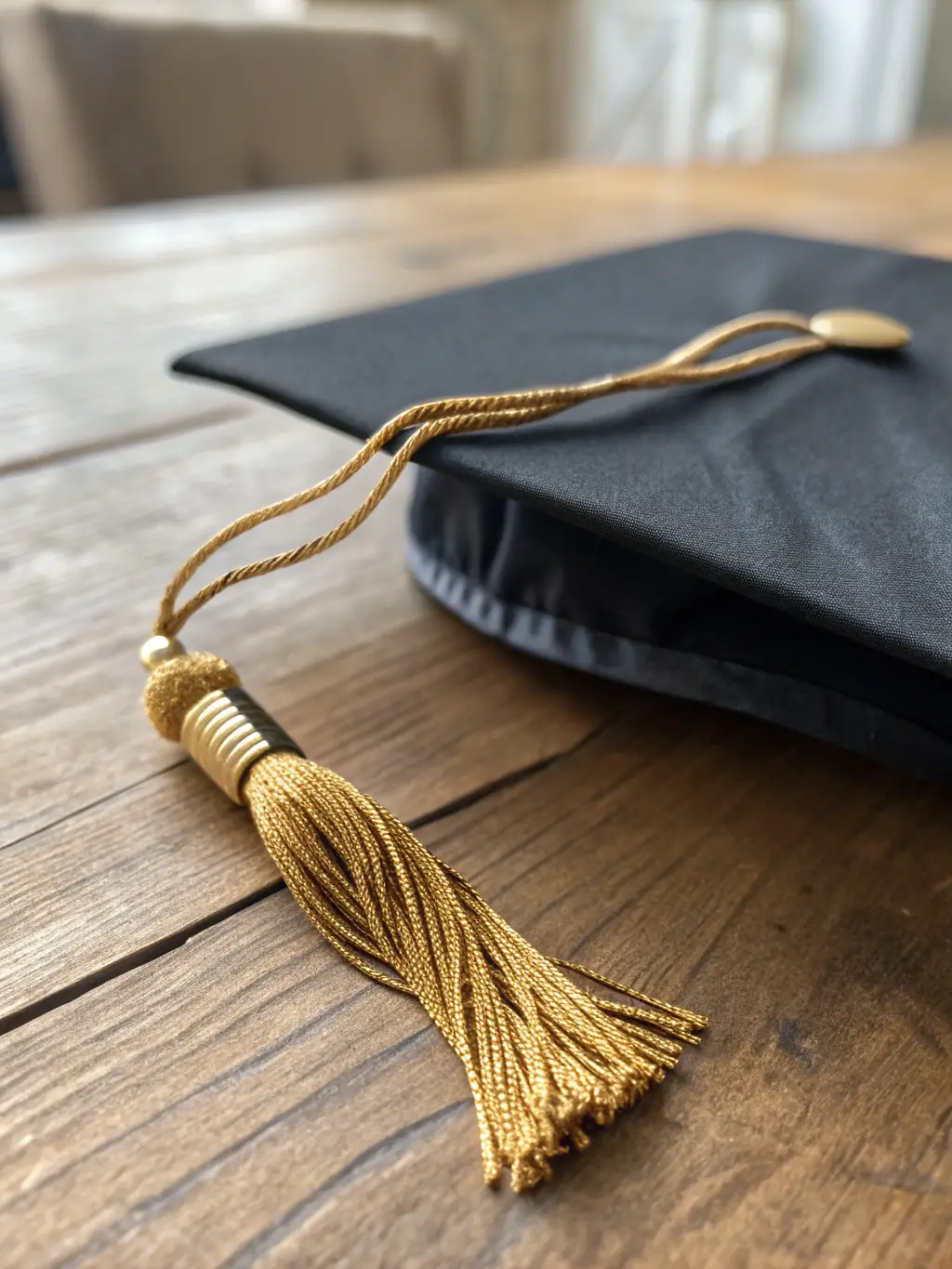 A close-up shot of a classic black graduation cap with a tassel, showcasing the quality of the material and stitching, in a brightly lit studio setting.