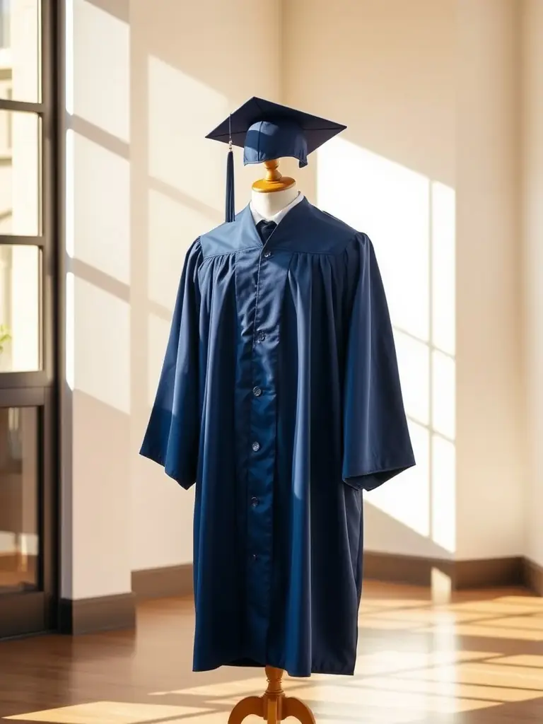 An image of a red graduation gown with gold trim, displayed on a mannequin, highlighting the vibrant color and elegant design.