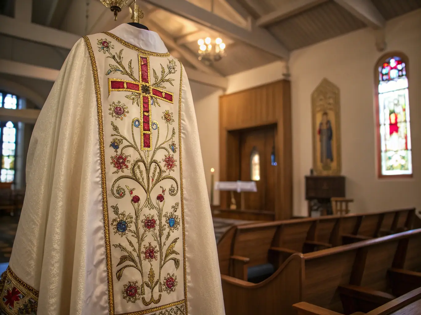 A professional photograph of a clergy member wearing a crisp, well-fitted clergy shirt, standing in a church setting with a warm and inviting atmosphere.
