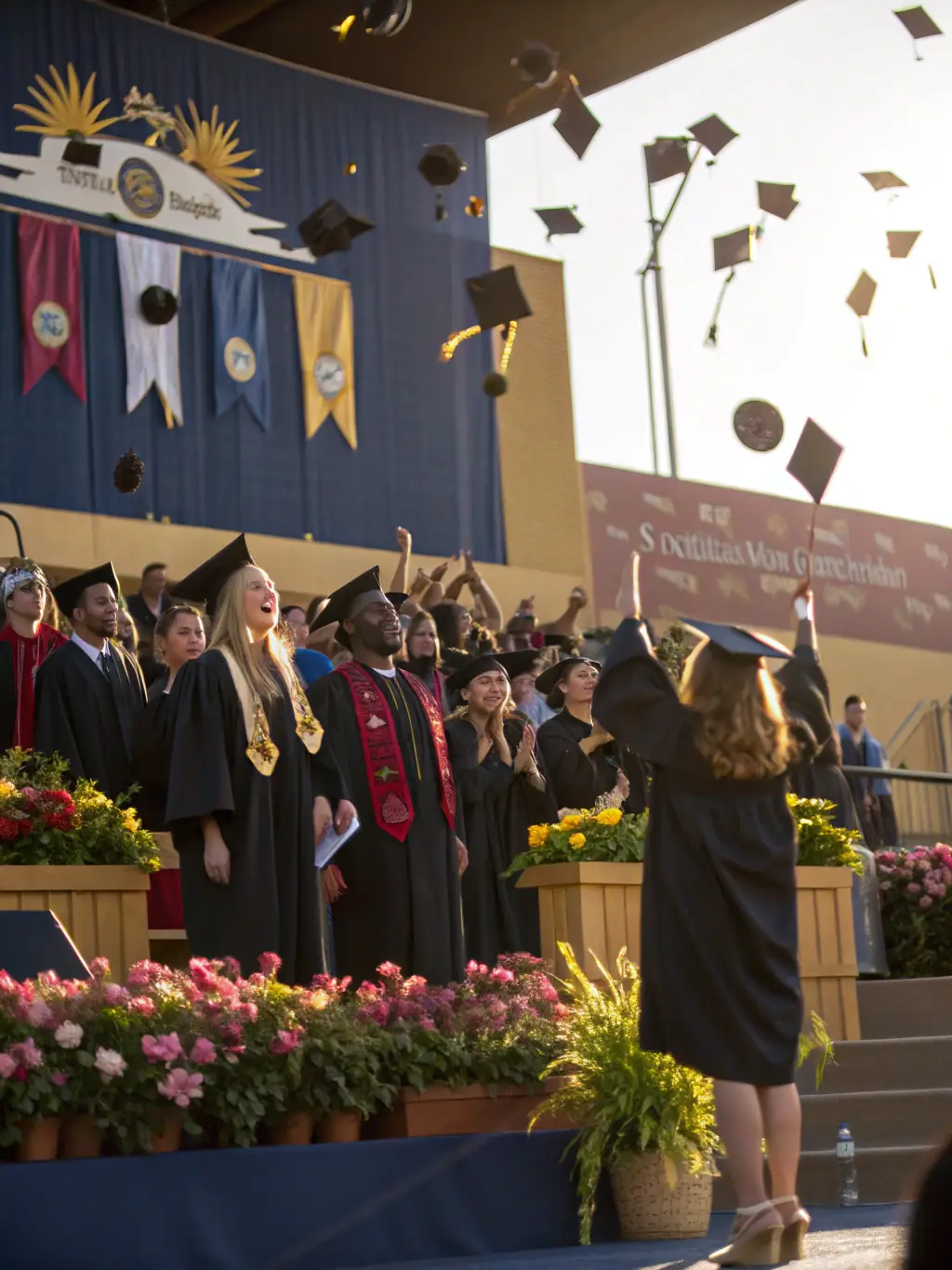 A group of diverse students wearing different colored graduation gowns (e.g., blue, green, yellow) standing together, symbolizing inclusivity and variety.