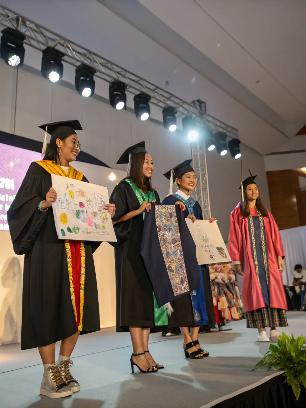 An image displaying a set of colorful graduation gowns in various shades such as red, blue, and green, neatly arranged on hangers to highlight the range of color options available.