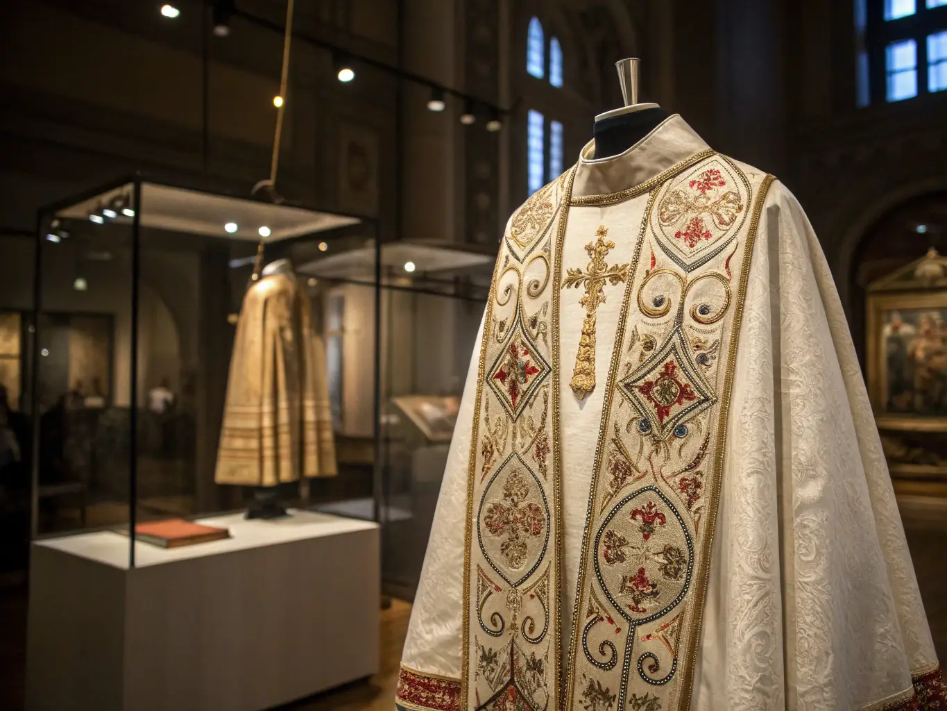 A high-quality image showcasing a set of elegant white and gold church robes, neatly displayed on hangers, with soft, diffused lighting to highlight the fabric's texture and intricate details.