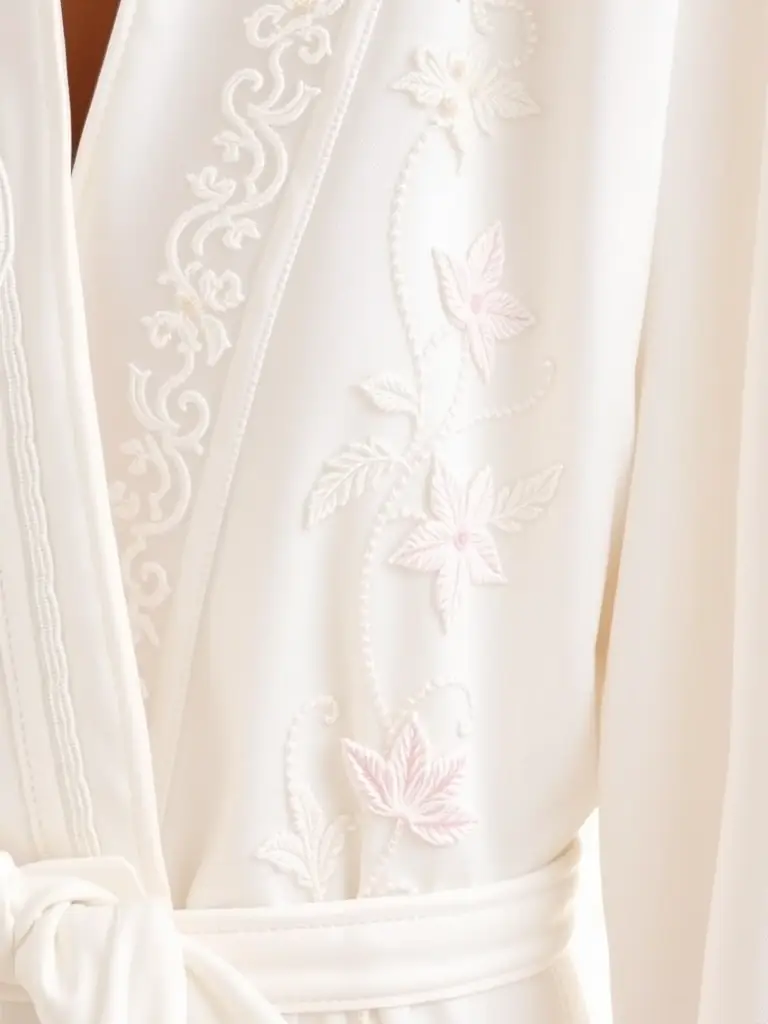 A detailed photograph of a white choir robe with intricate gold embroidery, displayed on a mannequin in a well-lit studio setting.